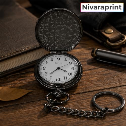 Image of Personalized Antique Analog Pocket Watch Keychain, Custom Engraved Vintage Style with Roman Numeral, Black Fob Watch for Men, Women, Groomsmen, Anniversary, Birthday Gift