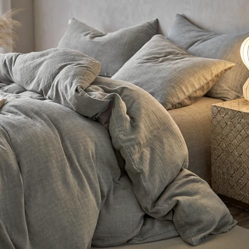 Image of EAVD Dark Grey Duvet Cover Full Soft Breathable 100% Muslin Cotton Gauze Bedding Set with 2 Pillowcases Modern Simple Solid Dark Grey Bedding Set with Zipper Closure