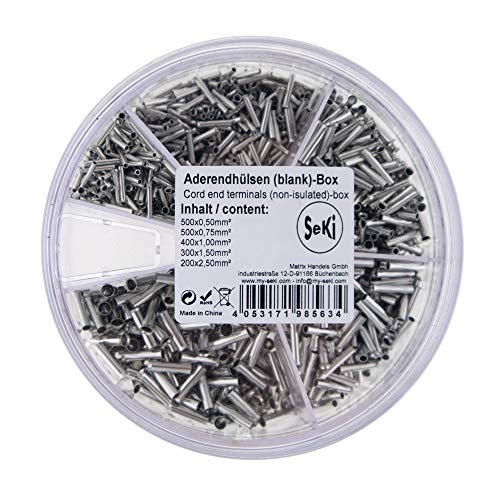 SeKi Aderendhülsen Sortiment Streudose unisoliert 0,5-2,5 mm² (500x 0,50mm², 500x 0,75mm², 400x 1,00mm², 300x 1,50mm2, 200x 2,50mm²), Grau
