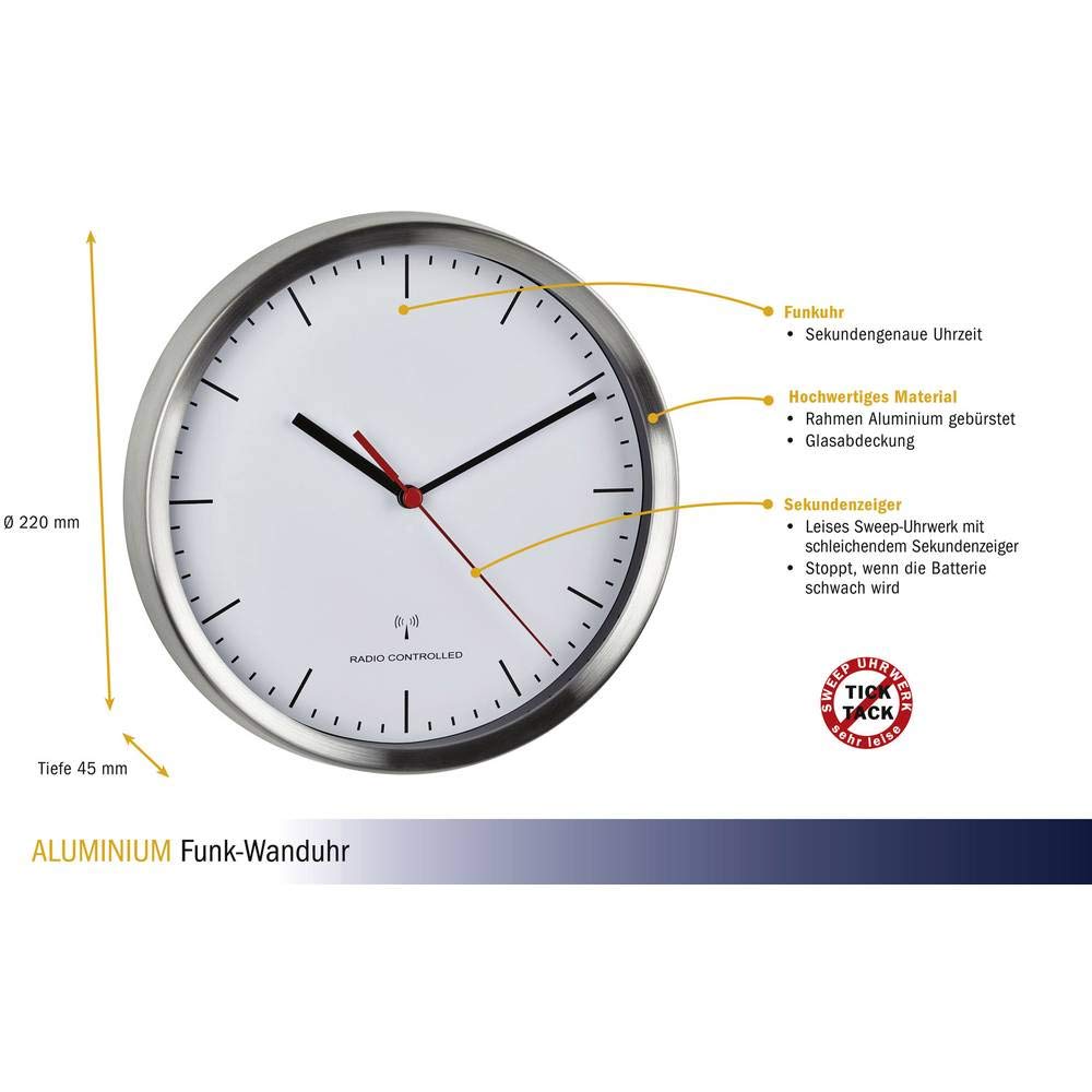 TFA Dostmann 60.3530.02 Orologio da Parete radiocontrollato con silenziosa Orologio spazzata Senza ticchettio