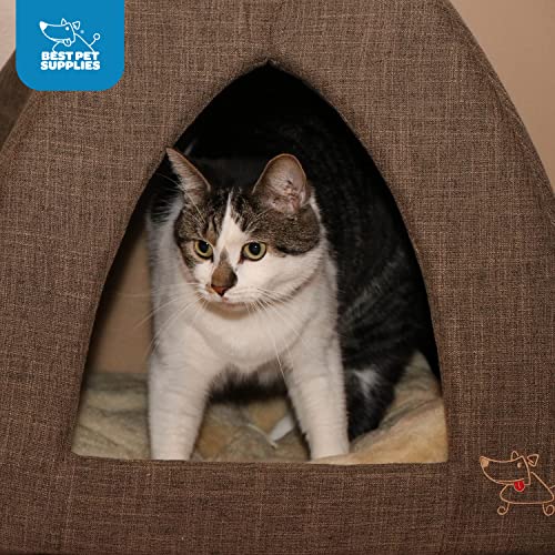 Image of Best Pet Supplies Cat Bed for Indoor Cat, Domed Tent House with Removable Pillow, Covered Cat Cave for Small Dog, Puppies and All Breeds of Cats - Brown Linen, 19 x 19 x H:19 inch