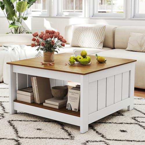 COSTWAY Table Basse Carrée, Table Basse avec Rangement, 80 x 80 x 45 cm, Style Campagne Moderne, Grand Compartiment Central, Design Latte, Charge Max. 160 kg, pour...