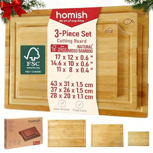 Large Bamboo Cutting Board 3 Piece Set with Juice Groove & Handle - Non Toxic Wood Charcuterie Board & Butcher Block for Meat