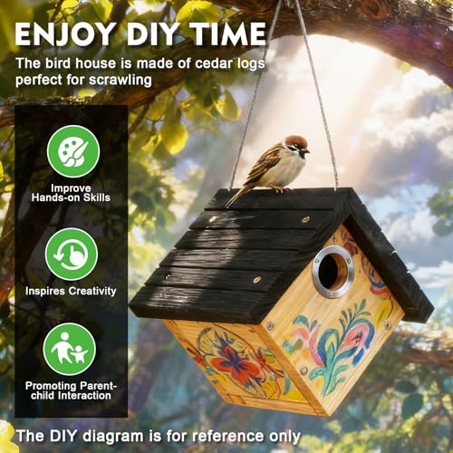 Gtongoko Hanging Wren Bird Houses for Outside, Cedar Wooden Bird Houses for Outdoors, Bird Nest with Air Vents, 1-1/8"Entrance Hole, Clean Door for Wildbird Watching, 1 Pack Black by Gtongoko - Image 5