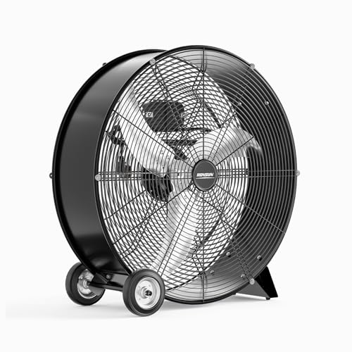 ROVSUN 24 Inch High Velocity Drum Fan, 9500CFM Industrial Metal Floor Fan with Handle, Heavy Duty, 3-Speed, Air Circulator for Shop, Garage, Gym, Barn, Commercial, UL Listed, Black