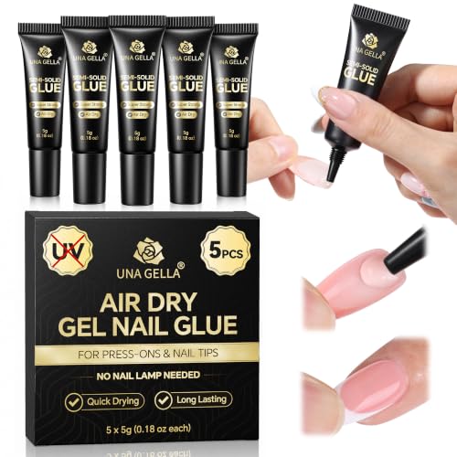 UNA GELLA 5 Pack 5g Solid Nail Glue, Air-Dry Strong Nail Glue for Press Ons