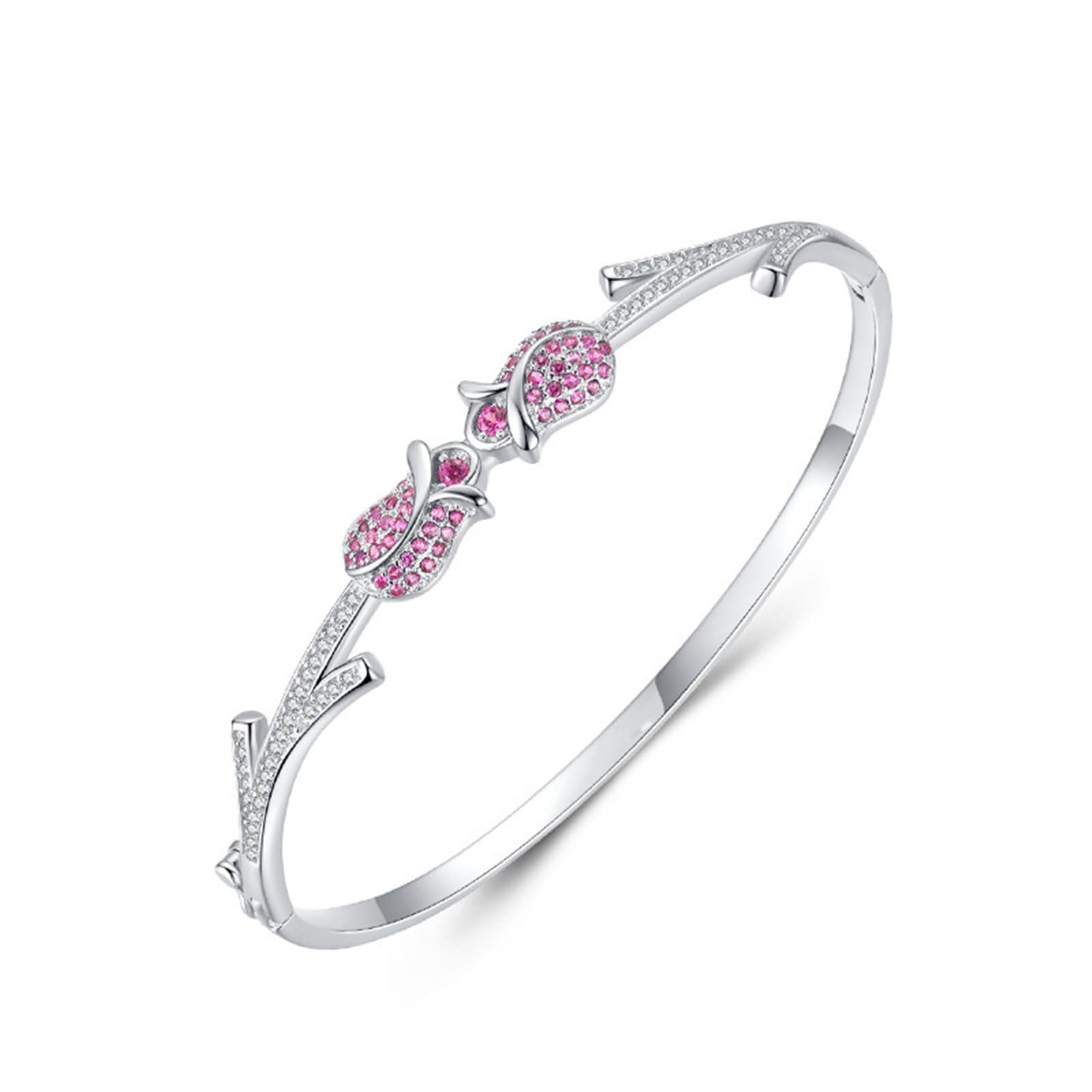 Pulsera de Oro Blanco 9 Kilates / 14 Kilates / 18 Kilates Mujer, Flor con Rubí Creado y Moissanita, Cadena 16 CM, Pulseras para Mujer de Plata Rosa