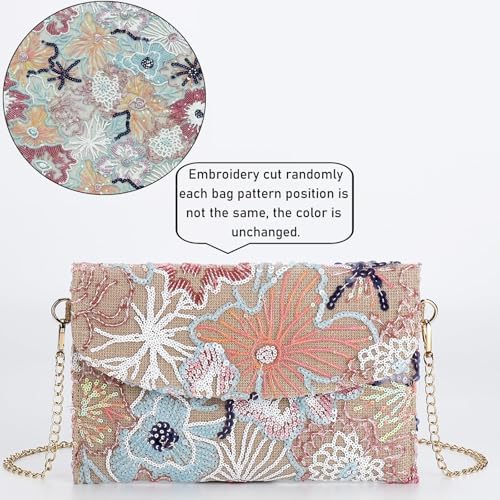 Image of Clutch Purses for Women, Envelope Package, Sequin Embroidered Flowers Straw Bag, Bohemian Handmade Handbags