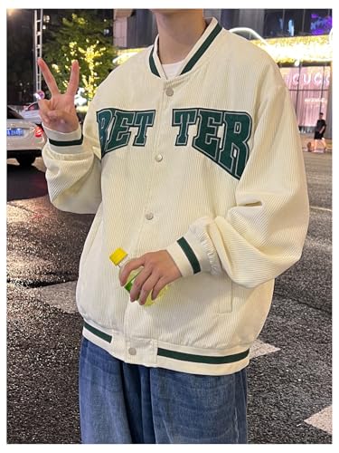 Image of MakeMeChic Men's Corduroy Jacket Letter Graphic Long Sleeve Button Down Warm Coats Beige and Green Small