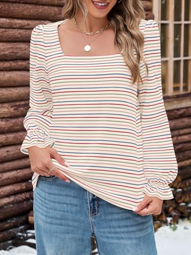 MEROKEETY Women's Fall Square Neck Striped Shirt Puff Long Sleeve Casual Loose Tops 2025 Trendy Blouse2