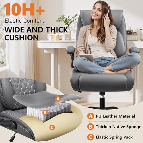 Image of BESTFAIR Office Desk Chair with Lumbar Support for Lower Back Pain | Executive Leather Home Chair Comfy with Padded Flip-up Armrests, Gray, 4-Pack