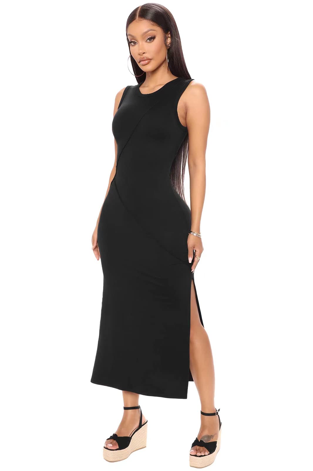 WuLun Women’s Basic Maxi Bodycon Midi Dress Crew Neck Sleeveless Slit Casual Summer Tank Top Dresses