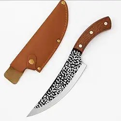 Faca de Cozinha com Lâmina Texturizada, Cabo de Madeira, Bainha de Couro Marrom, Aço Inoxidável