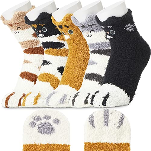 SATINIOR 5 Pairs Cat Claw Socks with Non-Slip Warm Cat Socks Fluffy Slipper Socks for Women