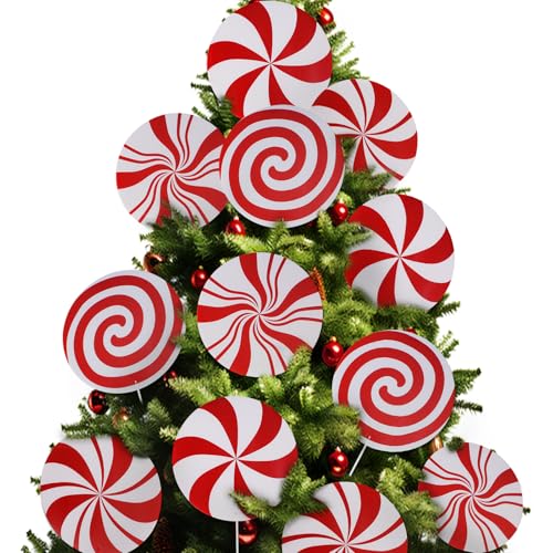 Rinoly 12 Pcs Candy Cane Christmas Decorations,8 In Large Double Sided Peppermint Christmas Decorations Tree Ornaments,Plastic Candy Cane Ornaments For Tree Topper Home Vase Xmas Decor