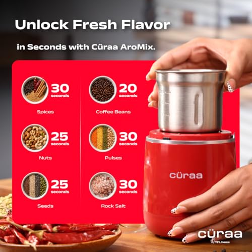 Image of Curaa AroMix Electric Spice Grinder by Chef Sanjyot Keer | 300W Copper Motor | Dry Spice, Coffee Bean & Herb Grinder | 2-Leaf Stainless Steel Blade | Detachable SS Jar | 300ml | 1 Year Warranty