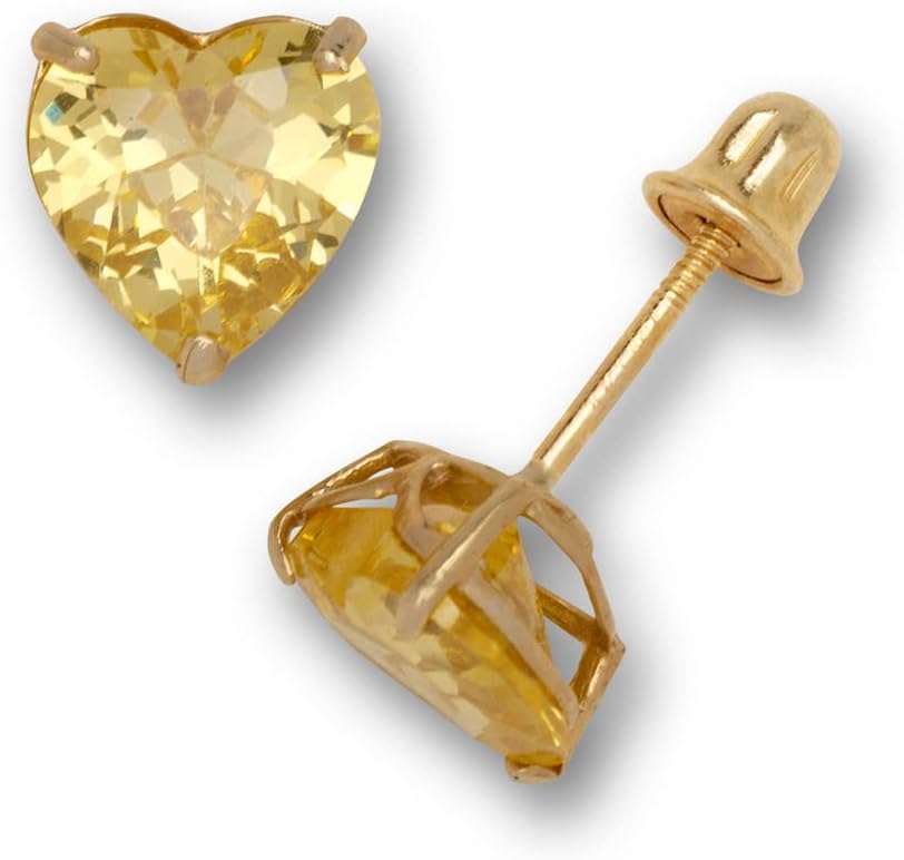 Jewelryweb Solid 14K Yellow Gold 6mm Heart-shaped Cubic Zircornia Birthday Basket-Set Solitaire Screw-back Stud Earrings (12 colors)