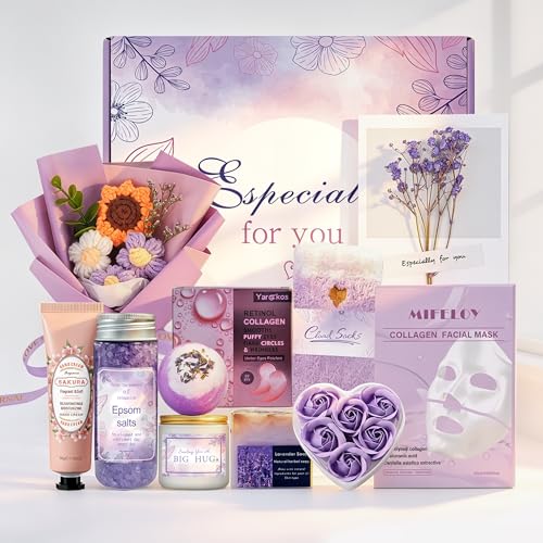 Birthday Gifts for Women 11 Pcs Self Care Gift Basket Set for Friend Mum Sister Purple Themed Get Well Soon Pamper Box Relaxation Spa Presents for Her Inspirational Cheer Up Thank You Care Pack