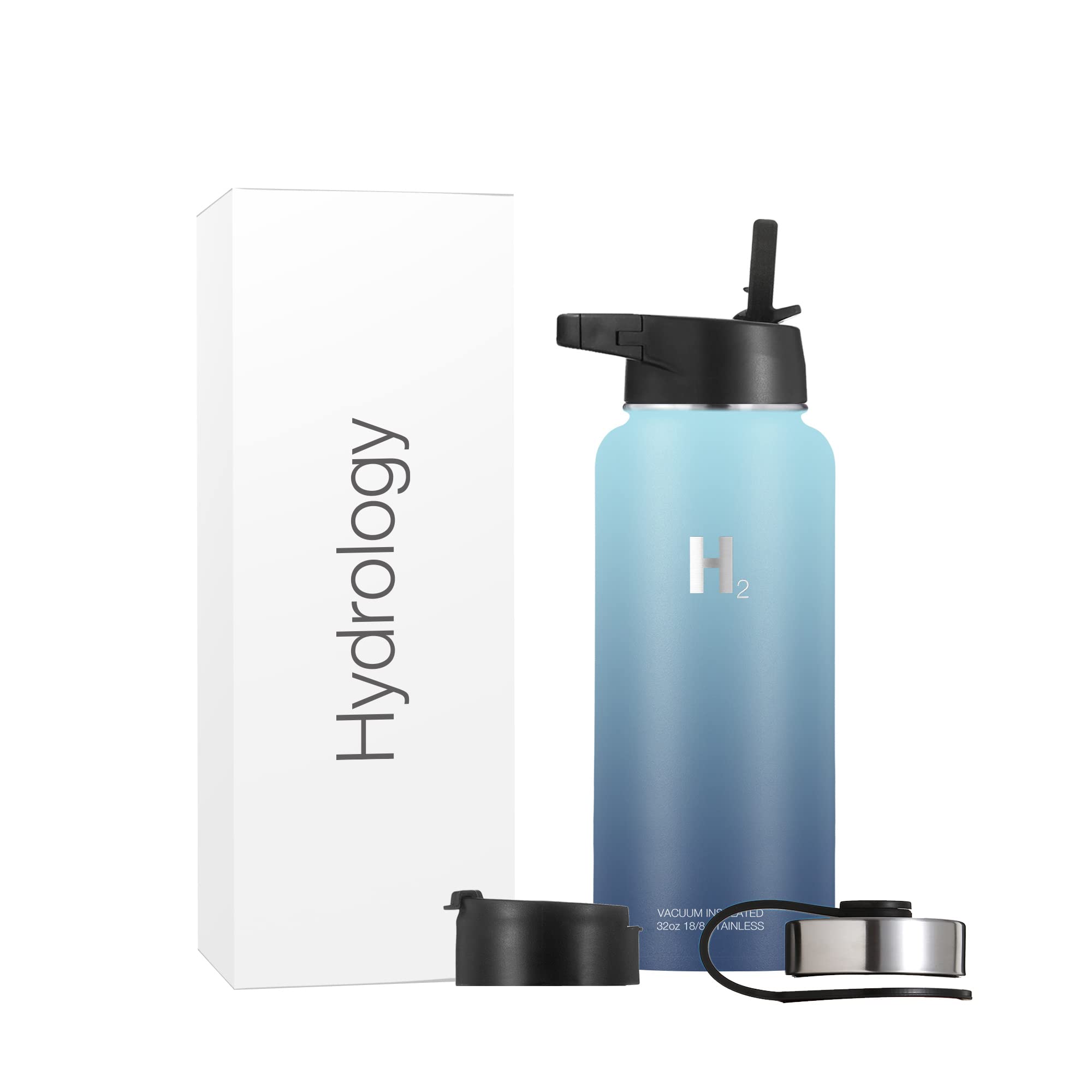 H2 HYDROLOGY Water Bottle - 18 oz, 22 oz, 32 oz, 40 oz, or 64 oz with 3 LIDS Double Wall Vacuum Insulated Stainless Steel Wide Mouth Sports Hot & Cold Thermos (32 oz, Cool Water)