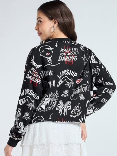Image of Bewakoof Official Disney Merchandise Cruella Women's All Over Printed Oversized Fit Full Sleeve Round Neck Cotton Blend Sweatshirt