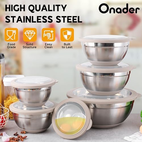 Onader Mixing Bowls with Lids Set of 6, Large Metal Nesting Mixing Bowls, Stainless Steel Non-Slip Salad Bowl Khaki – Size 1, 1.5, 2, 2.6, 3.5, 7QT - Thumbnail 3