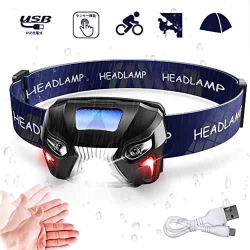 ヘッドライト ヘッドランプ led 充電式 スマートセンサー 赤＆白LEDライトモード 防水 超軽量 角度調整可 ライトモード 車検/防災/夜釣り/登山/作業/キャンプ/散歩/アウトドア用 機能500ルーメン 明るい ブラック