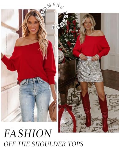 Image of Aifer Women's Off The Shoulder Tops Sexy Long Sleeve Shirts Oversized Fashion Casual Batwing Sweaters Pullover Tunic Tops