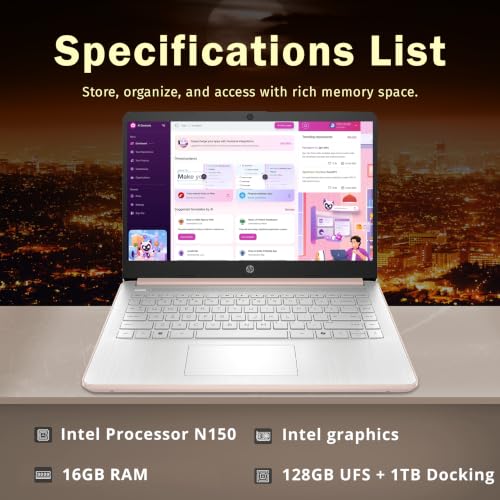 Image of HP Stream 14 inch HD Student & Business Laptop, Intel Processor N150, 16GB RAM, 1.12TB Storage (128GB UFS + 1TB Docking Station), Intel Graphics, 1 Year Office 365, Wi-Fi 6, Win 11, Pale Rose Gold