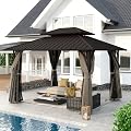 HAPPATIO 10'x12' Outdoor Hardtop Gazebo, Aluminum Gazebo with Double Galvanized Steel Roof, Curtains and Netting for Patio, Backyard, Deck, Lawn, Easy Assembly (Brown)