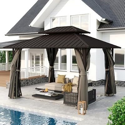 HAPPATIO 10'x12' Outdoor Hardtop Gazebo, Aluminum Gazebo with Double Galvanized Steel Roof, Curtains and Netting for Patio, Backyard, Deck, Lawn, Easy Assembly (Brown)