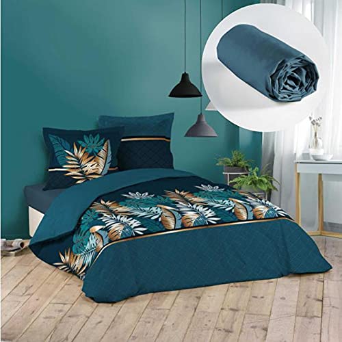 Parure de couette 260x240 bleu Alianor avec son drap housse assorti 160x200