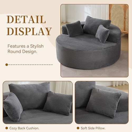 Image of 55''Oversized Round Boneless Chaise Lounge Chair,Corduroy Modern Floor Sofa Deep Seat, Compressed Circle Comfy Barrel Chair, No Assembly Sleeper Cloud Sofa Couch Bed for Living Room, Bedroom,Grey
