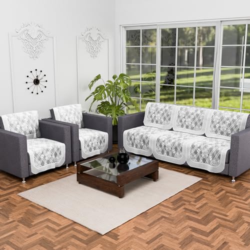 Image of Kuber Industries 5 Seater Anti Slip Sofa Covers for Home | Decorative Sofa Set Cover for Living Room | Protective Sofa Sheet & Sofa Seat Cover from Spill & Shot | Cross Flower Net - Grey