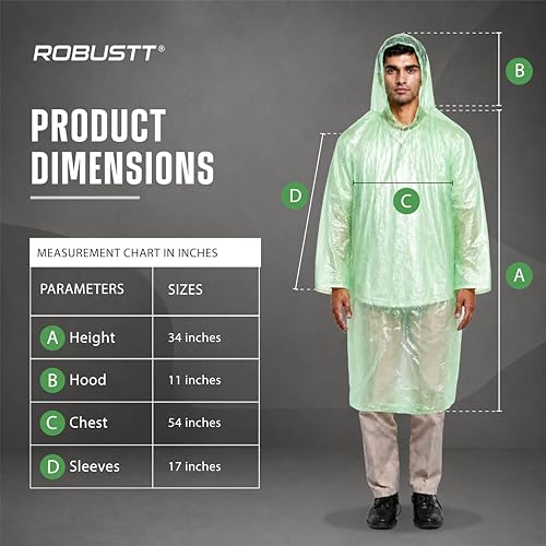 Image of Robustt Disposable Adult Rain Poncho for Men & Women | Universal Fit Use and Throw Raincoat | Knee Length Pocket Raincoat with Hood for Travel, Emergency Rain, & Outdoor