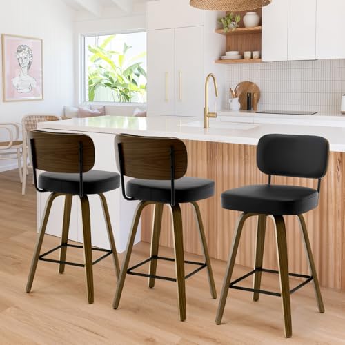 Bekrvio Swivel Counter Height Bar Stools Set of 3, 26' Upholstered Faux Leather Barstools with Back and Bent Wood Legs, Mid Century Modern Bar Chair Island Stool for Kitchen Counter, Black