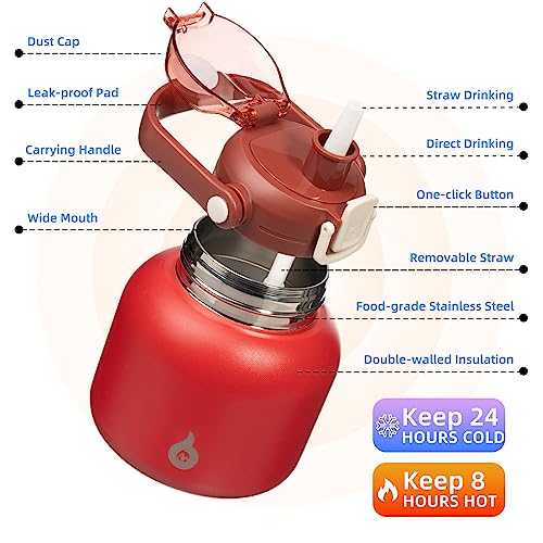 Image of BJPKPK 27oz Insulated Water Bottle with Straw Lid, Cute Stainless Bottle | One-Hand Straw Lid, BPA-Free Leakproof Large Water Bottle with Handle, Keeps Cold & Hot, Vacuum Insulation for Gym & Outdoor