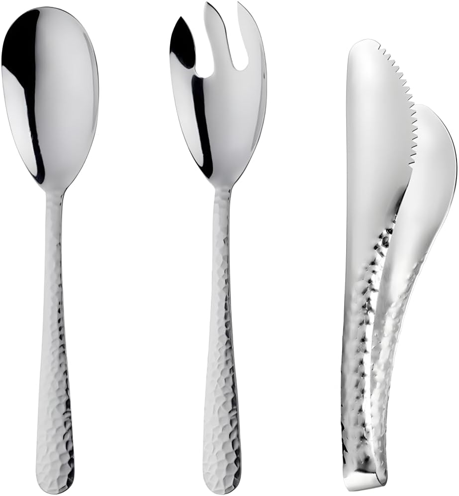 Salad Spoon and Fork Stainless Steel Tong Serving Set, Heavy Duty Hammered Finish Serving Utensils Large Salad Servers for Kitchen Party Buffet Supply (Silver) Salad Spoon and Fork Stainless Steel Tong Serving Set, Heavy Duty Hammered Finish Serving Utensils Large Salad Servers for Kitchen Party Buffet Supply (Silver)