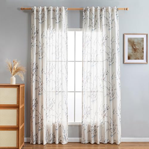 Image of MYSKY HOME Floral Sheer Curtains 84 Inch Long Linen Blended 2 Panels | Living /Dining Room Floral Light Filtering Curtains Patterned Privacy Protect Farmhouse Window Treatment 50 inch W, Navy Blue