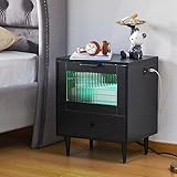 wirrytor Nightstand with LED Strip Lights and Charging Station, Smart Bedside Table with Remote, 2 D