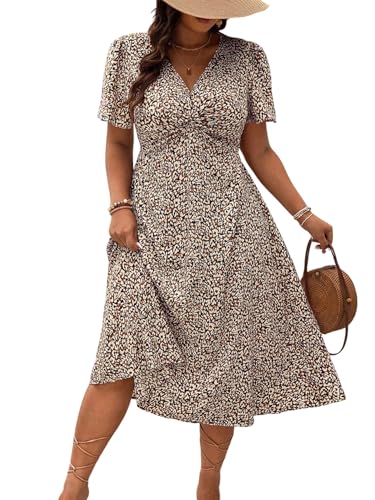 SweatyRocks Damen Curvy Sommerkleid Große Größen Kleider V-Ausschnitt Bohokleid Casual Freizeitkleid A Linie Minikleid Strandkleid mit Twist-Front...