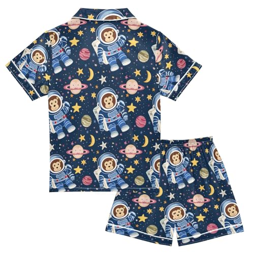 ALAZA Astronaut Monkey Star Planet Black Pajamas Satin Pajama Set Short Sleeve Button Down Sleepwear2