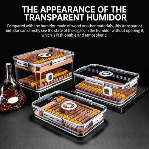 Image of Cigar Humidor Clear Acrylic Humidor Spanish Cedar Shelf Cigar Case Box Portable Airtight Container Holds 80-100 Cigars with Humidifier&Hygrometer Thermometer(Large)