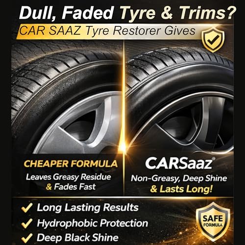 Image of CAR SAAZ Tyre & Trim Restorer Spray 500ml | Tyre Shine, Plastic & Rubber Restorer for Car, Bike | Revives Faded Tyres, Trim & Bumpers | UV Shield, Restores Gloss, Protects from Fading