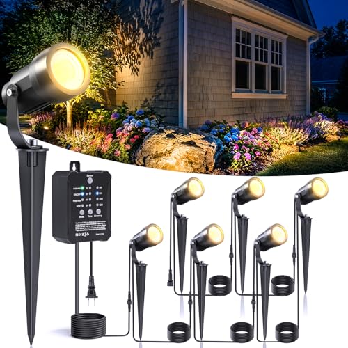 HIBOITEC 6-Pack Low Voltage Landscape Lighting Kit – 52FT ETL Certified Wire, 24W Transformer With Photocell & Timer, Dimmable 2700K Spotlights, Aluminum, IP65 Waterproof