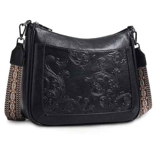 VIMUTI Crossbody Bags for Women,Vegan Leather Crossbody Purse Trendy with Adjustable Strap Embossed Flower Women's Crossbody Shoulder Handbags Black