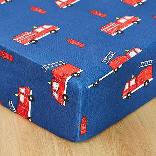 Brandream Fire Truck Luxury Softer Thicker Crib Sheets Set, 100% Cotton Vehicle Fire Engine Printed Toddler Sheets for Baby Boys Girls, Breathable Comfy Durable, 28"x52"