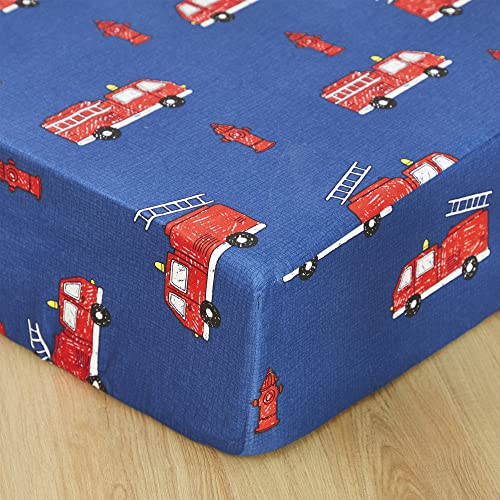 Image of Brandream Fire Truck Baby Crib Bedding Sets for Boys or Girls 3 Pieces, 100% Cotton, Red Blue Cute Super Cozy Nursery Bedding Set