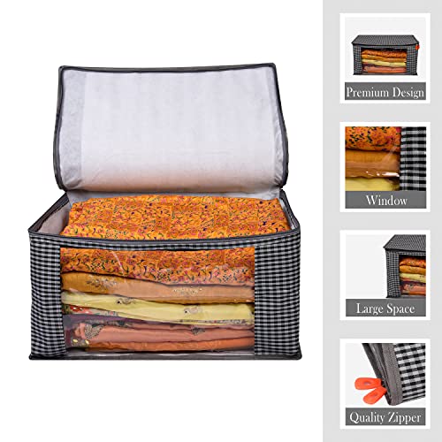 Image of Kuber Industries Saree Cover|Rexine Foldable Matty Check Design|Transparent Window Wardrobe Organizer with Plastic Slider Zip|Extra Large (Gray)