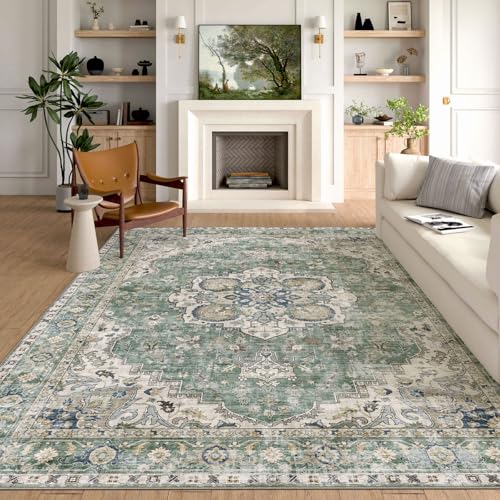 LUXRUG Washable Area Rug 8x10 - Large Sage Green Boho Rugs for Living Room Soft Vintage Bedroom Rug Ultra-Thin Farmhouse Oriental Distressed Carpet Non Slip Rug for Dining Room Guest Room Home Decor