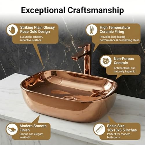 Image of BASSINO 18x13x5.5 Inches Table Top Washbasin /1 Year Warranty /Ceramic Wash Basin for Bathroom /Rectangular Counter Top Wash Basin for Restaurant /Dining Hall /Living Room /Countertop Sink(Glossy Rose Gold)